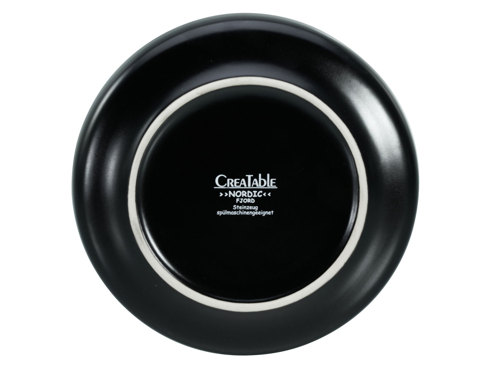 Rückansicht eines schwarzen Tellers mit der Aufschrift 'Creatable Nordic'.