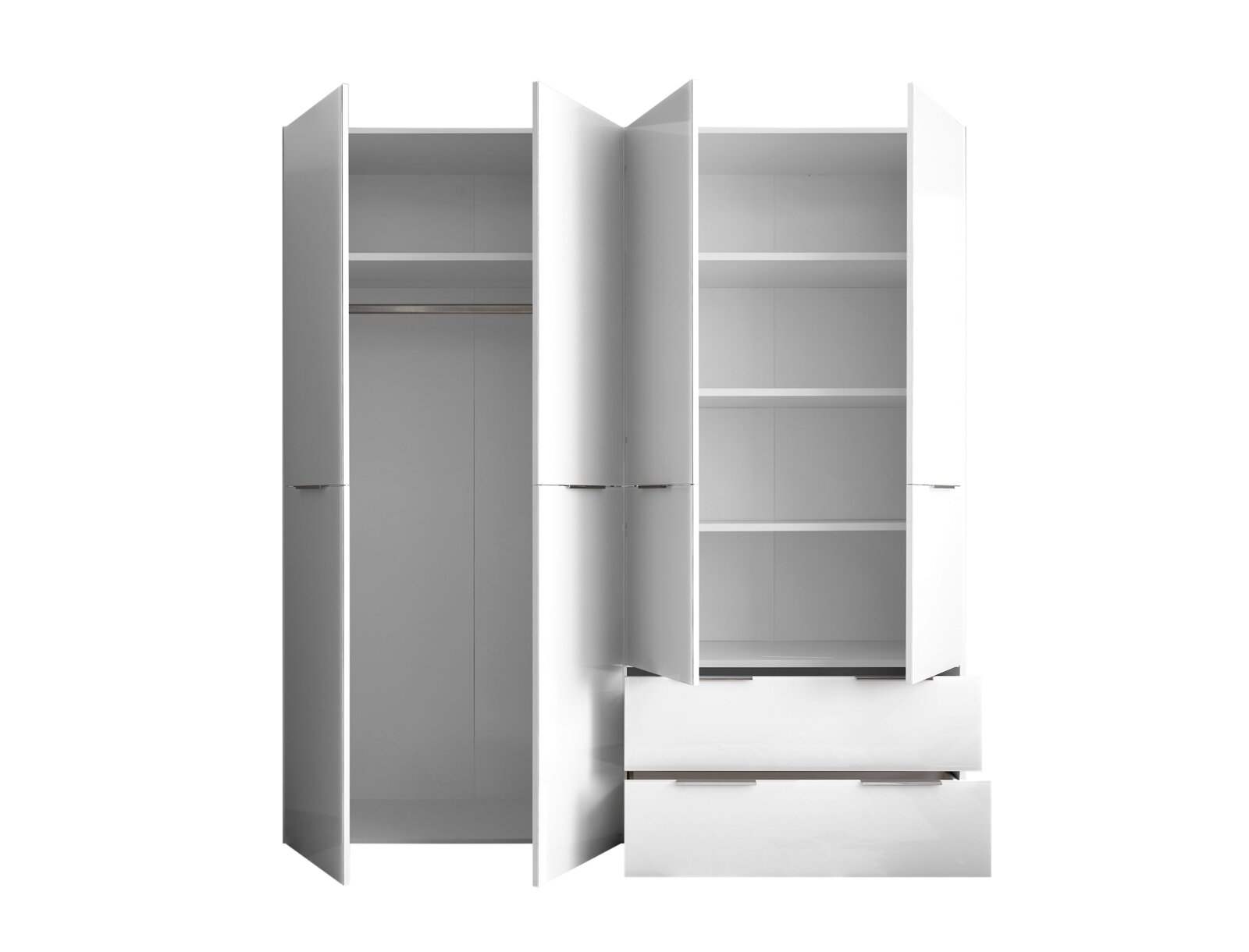 Offener weißer Kleiderschrank mit mehreren Türen, Einlegeböden, Kleiderstange und zwei Auszügen, frontal in leicht schräger Perspektive von vorn fotografiert