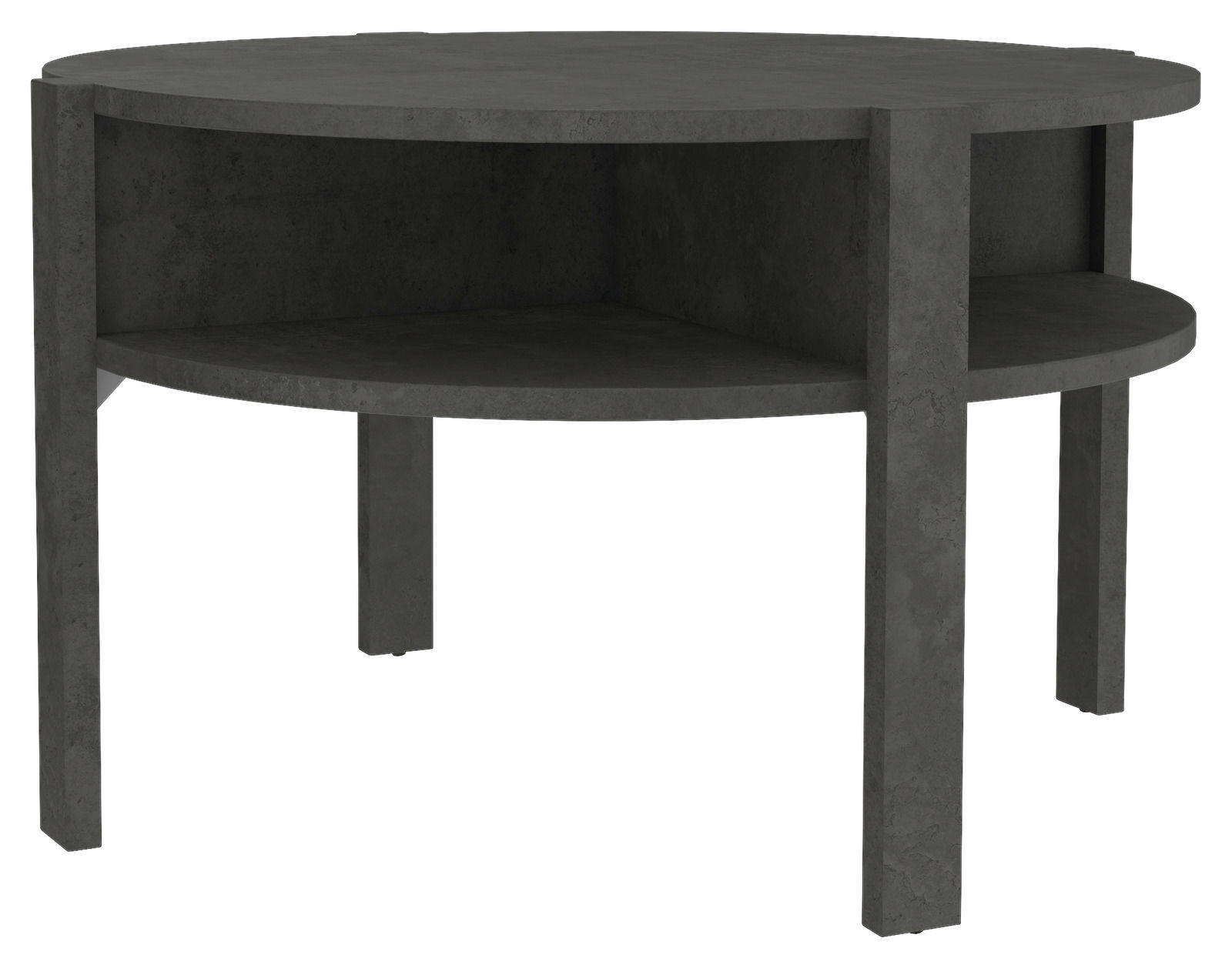 Runder Couchtisch aus dunklem Material mit zwei Ebenen, seitliche Perspektive