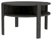 Runder Couchtisch aus dunklem Material mit zwei Ebenen, seitliche Perspektive