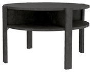 Runder Couchtisch aus dunklem Material mit zwei Ebenen, seitliche Perspektive