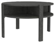 Runder Couchtisch aus dunklem Material mit zwei Ebenen, seitliche Perspektive