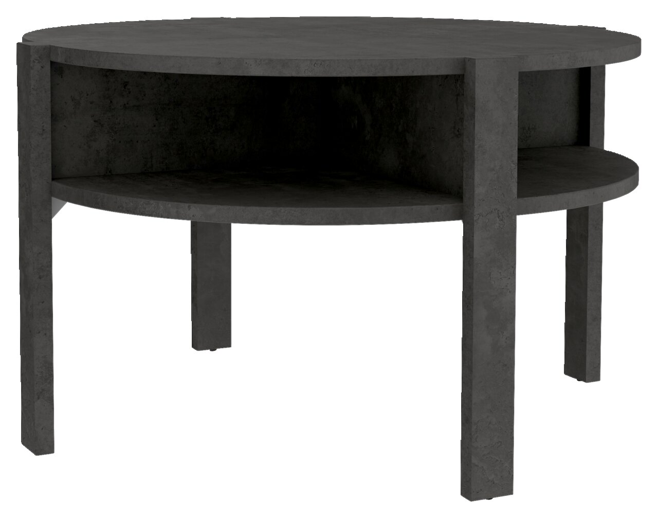 Ronde salontafel van donker materiaal met twee niveaus, zijaanzicht