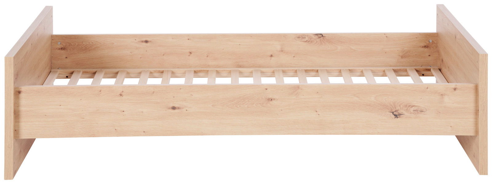 Holzfarbenes Babybett aus hellem Holz mit sichtbarer Holzmaserung, frontal fotografiert.