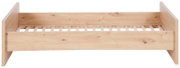 Houtkleurig babybedje van licht hout met zichtbare houtnerf, gefotografeerd van voren.