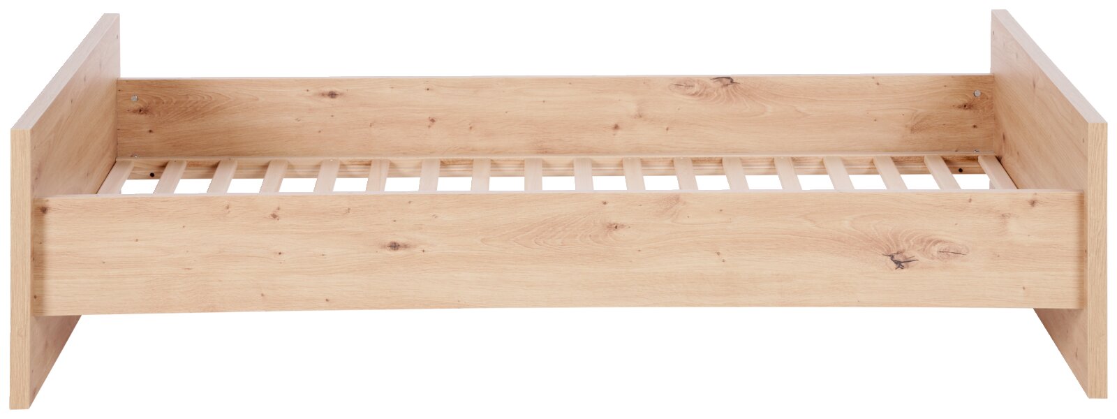 Houtkleurig babybedje van licht hout met zichtbare houtnerf, gefotografeerd van voren.