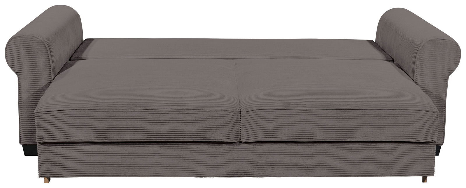 Graues Funktionssofa mit Armlehnen, von vorne betrachtet.