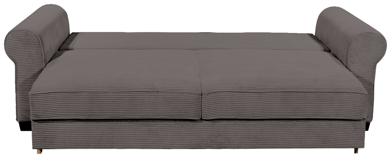 Graues Funktionssofa mit Armlehnen, von vorne betrachtet.