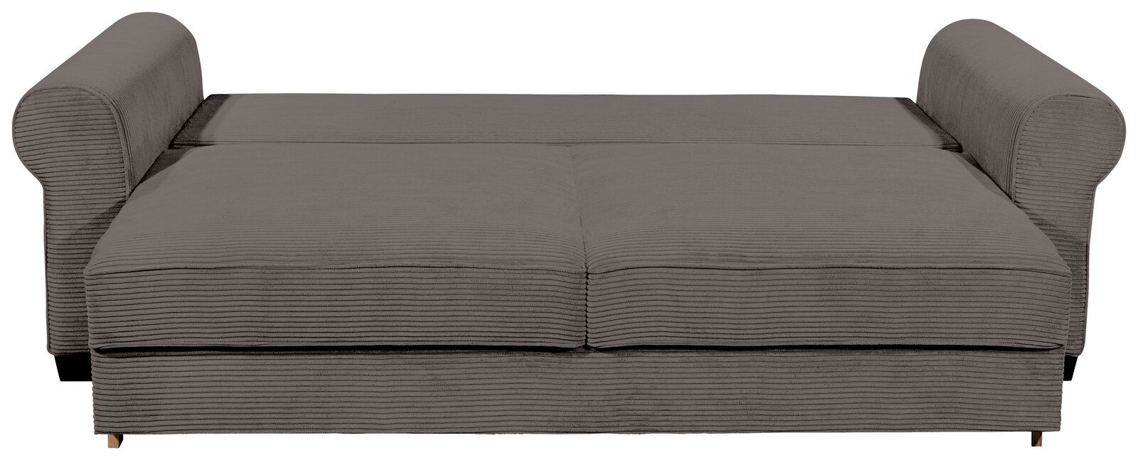 Graues Funktionssofa mit Armlehnen, von vorne betrachtet.