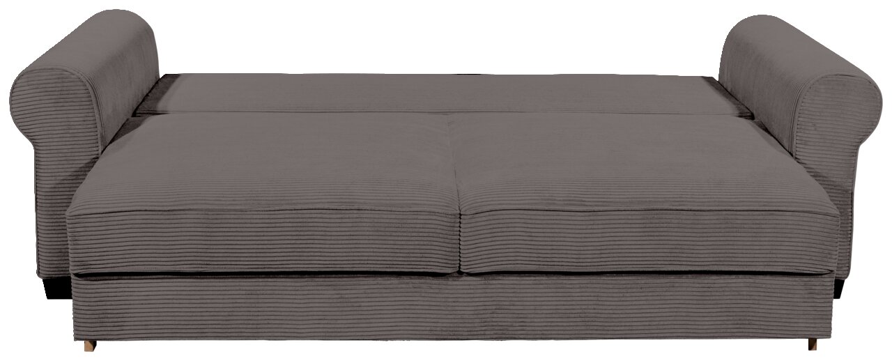 Graues Funktionssofa mit Armlehnen, von vorne betrachtet.