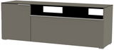 TV-Lowboard in grauer Farbe, frontale Perspektive, mit zwei Türen und offenen Fächern.