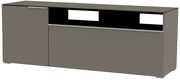 TV-Lowboard in grauer Farbe, frontale Perspektive, mit zwei Türen und offenen Fächern.