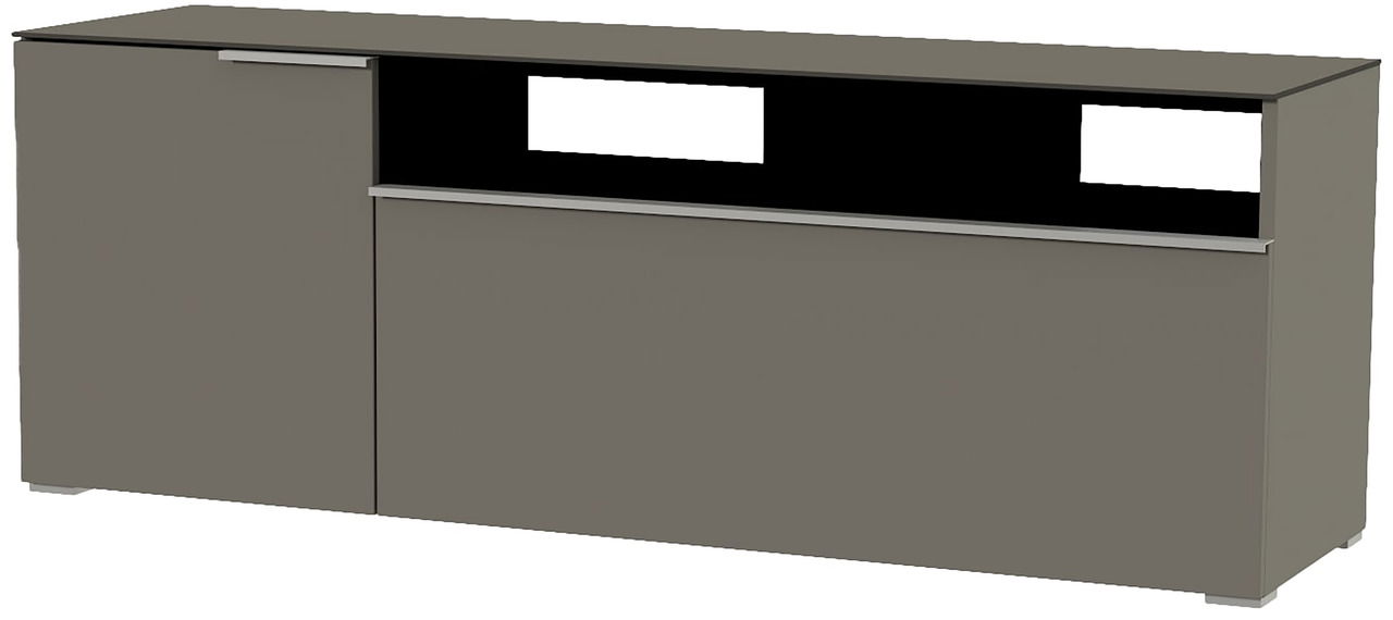 TV-Lowboard in grauer Farbe, frontale Perspektive, mit zwei Türen und offenen Fächern.