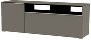 TV-Lowboard in grauer Farbe, frontale Perspektive, mit zwei Türen und offenen Fächern.