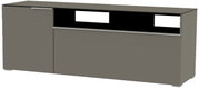 TV-Lowboard in grauer Farbe, frontale Perspektive, mit zwei Türen und offenen Fächern.