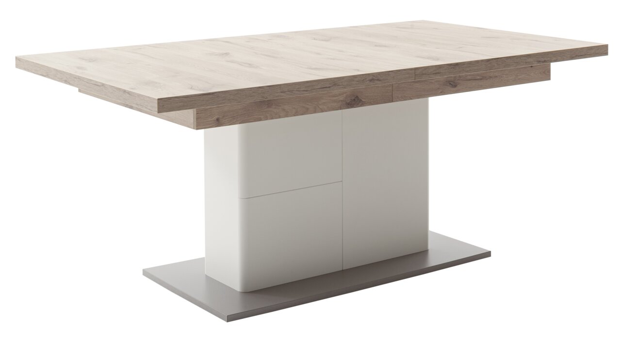 Moderner Esstisch mit Holzoptik-Tischplatte und weißem Sockel, seitliche Perspektive