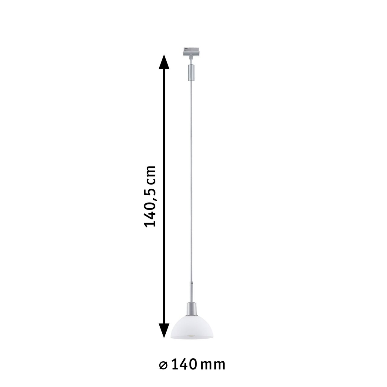 Hängelampe mit einem Durchmesser von 140 mm und einer Länge von 140,5 cm, seitliche Perspektive