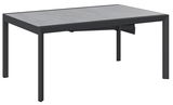 Moderner rechteckiger Gartentisch mit grauer Tischplatte und schwarzem Metallgestell, seitliche Perspektive