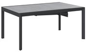 Moderner rechteckiger Gartentisch mit grauer Tischplatte und schwarzem Metallgestell, seitliche Perspektive