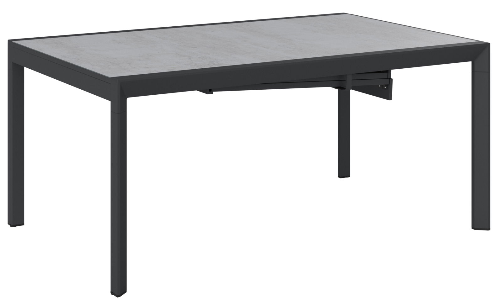 Moderner rechteckiger Gartentisch mit grauer Tischplatte und schwarzem Metallgestell, seitliche Perspektive