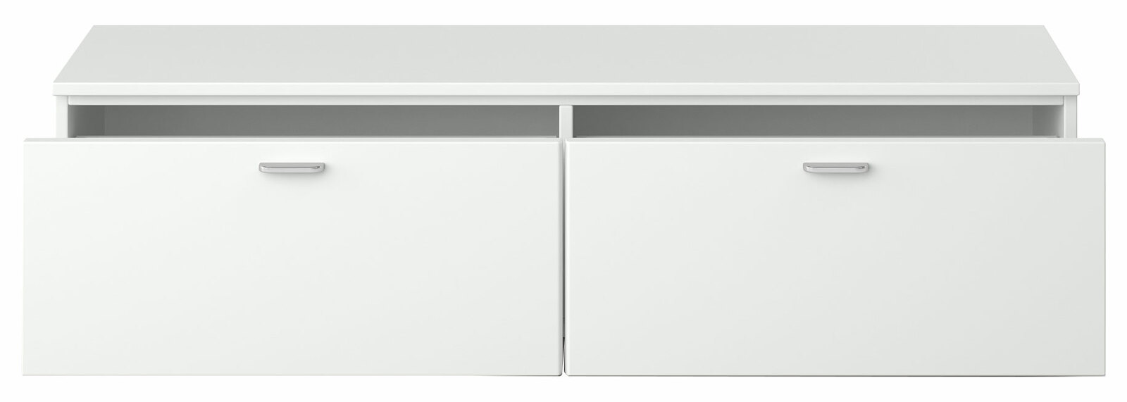 Weißes TV-Lowboard mit zwei Schubladen, Frontansicht