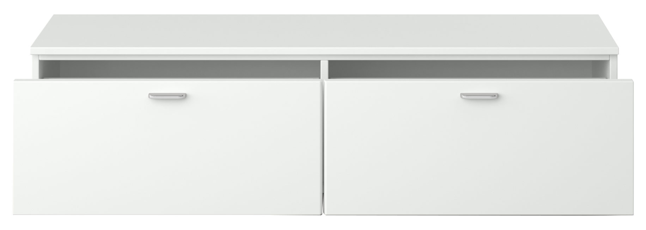Weißes TV-Lowboard mit zwei Schubladen, Frontansicht