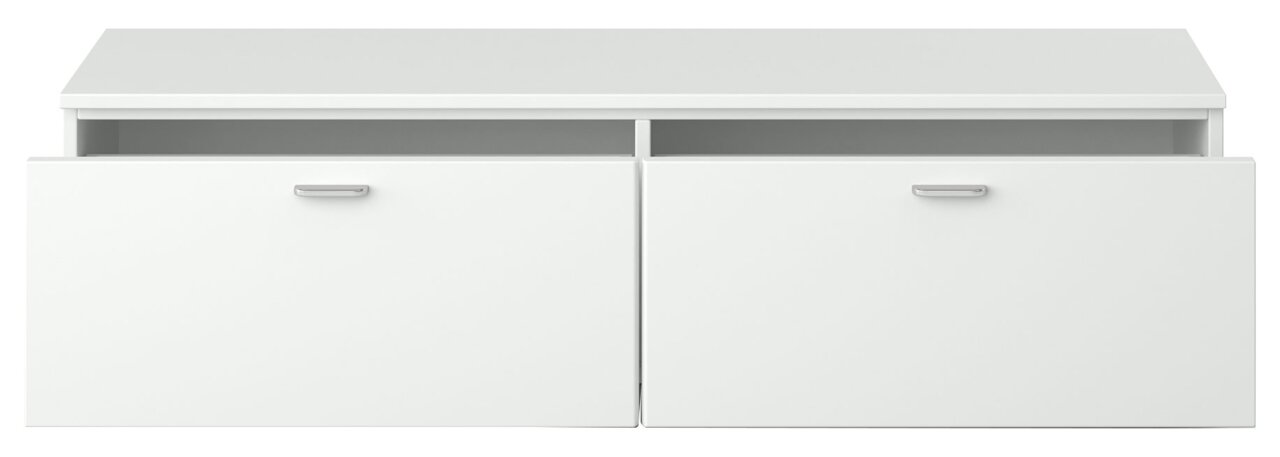 Weißes TV-Lowboard mit zwei Schubladen, Frontansicht