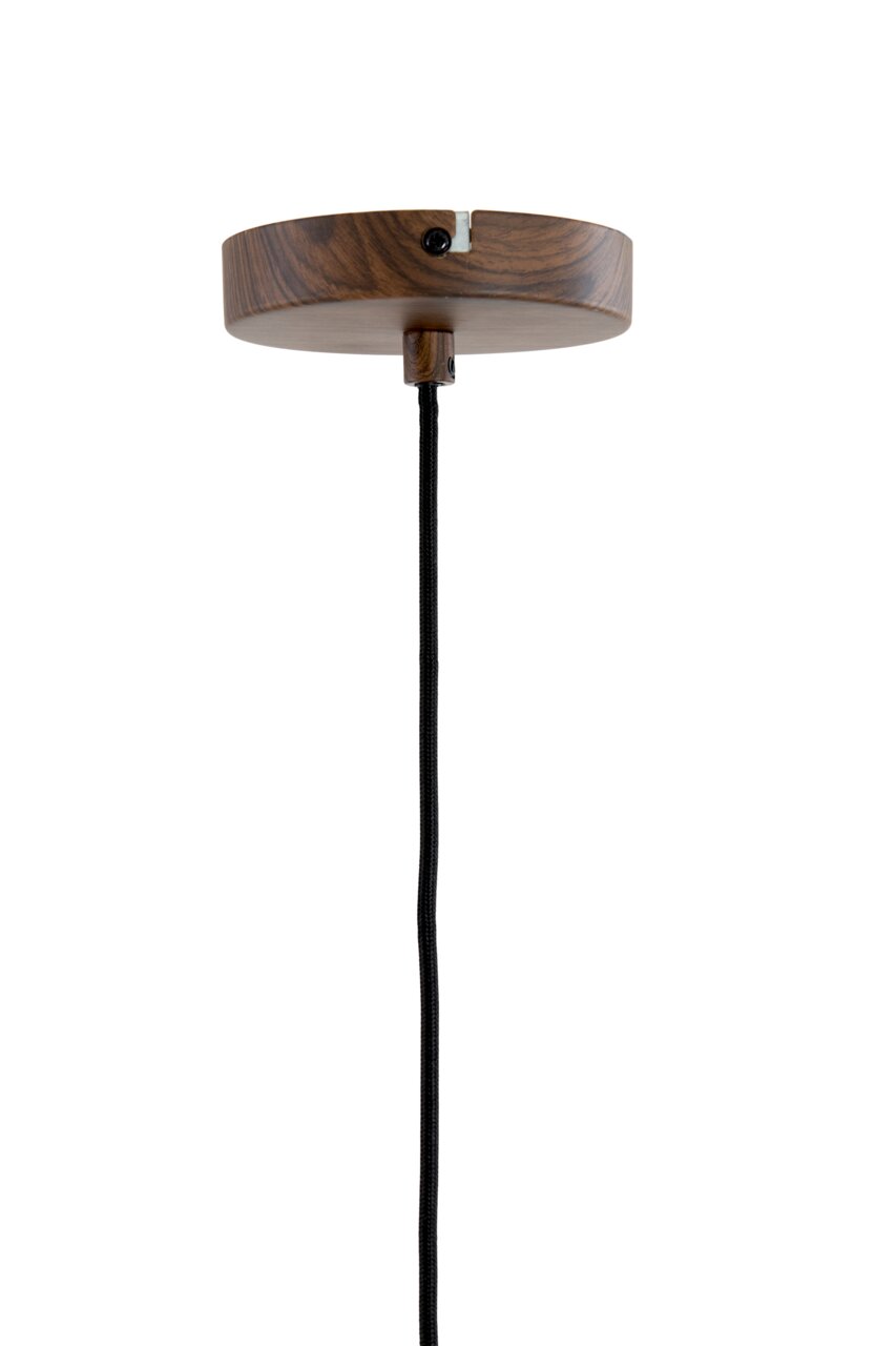 Ronde plafondbevestiging van hout met zwarte textielkabel voor een hanglamp, vooraanzicht op een witte achtergrond