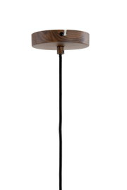 Ronde plafondbevestiging van hout met zwarte textielkabel voor een hanglamp, vooraanzicht op een witte achtergrond