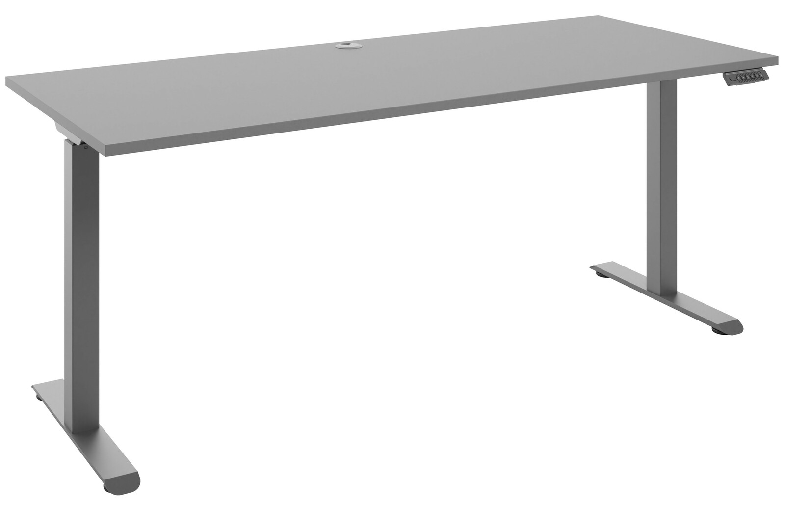 Moderner E-Schreibtisch in Grau mit höhenverstellbaren Beinen, seitliche Perspektive