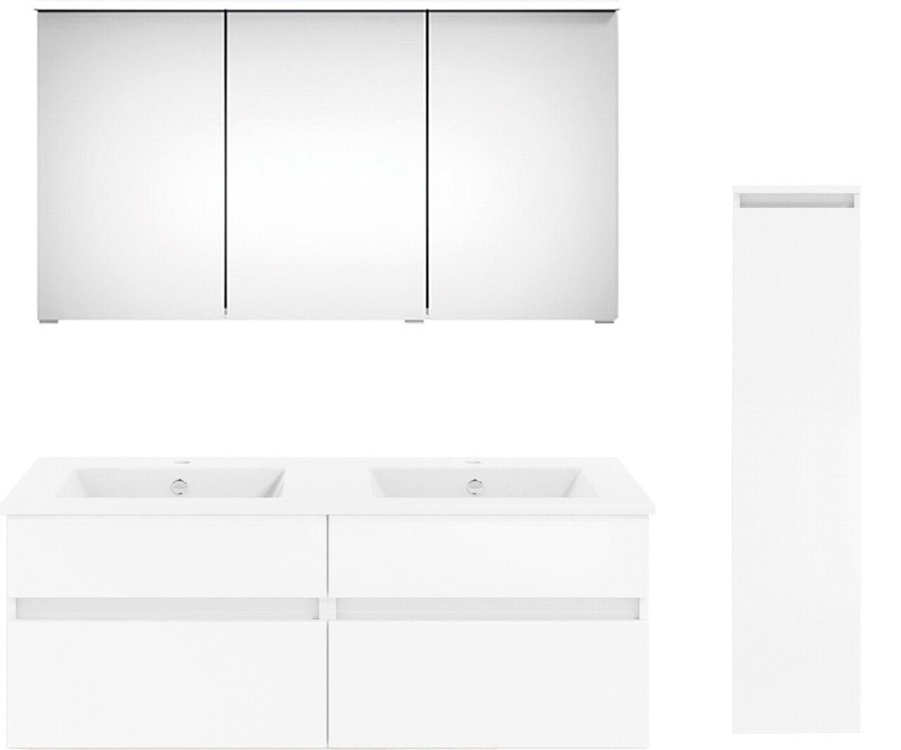 Moderne Badkombination aus der Serie NEXT4YOU von Puris, bestehend aus einem großen Spiegelschrank, einem Doppelwaschtisch mit Unterschrank und einem hohen Seitenschrank, frontal abgebildet.