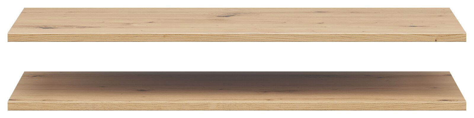 Zwei hölzerne Einlegeböden in natürlicher Holzoptik, von vorne betrachtet.