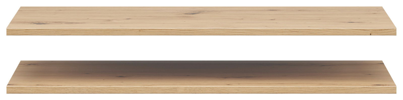 Zwei hölzerne Einlegeböden in natürlicher Holzoptik, von vorne betrachtet.