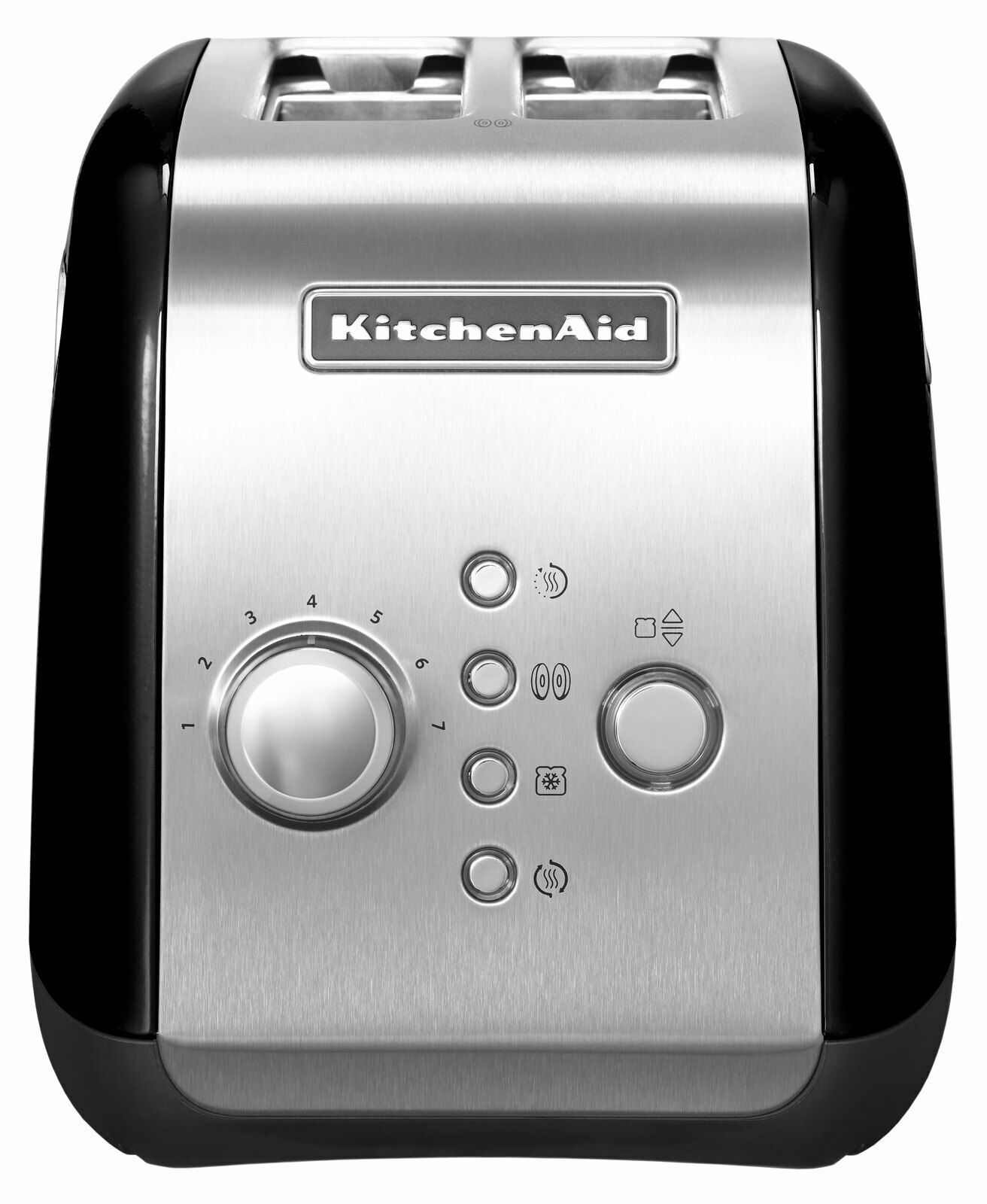 Frontansicht eines KitchenAid 2-Scheiben-Toasters in Onyx mit Bedienelementen und Edelstahloberfläche.
