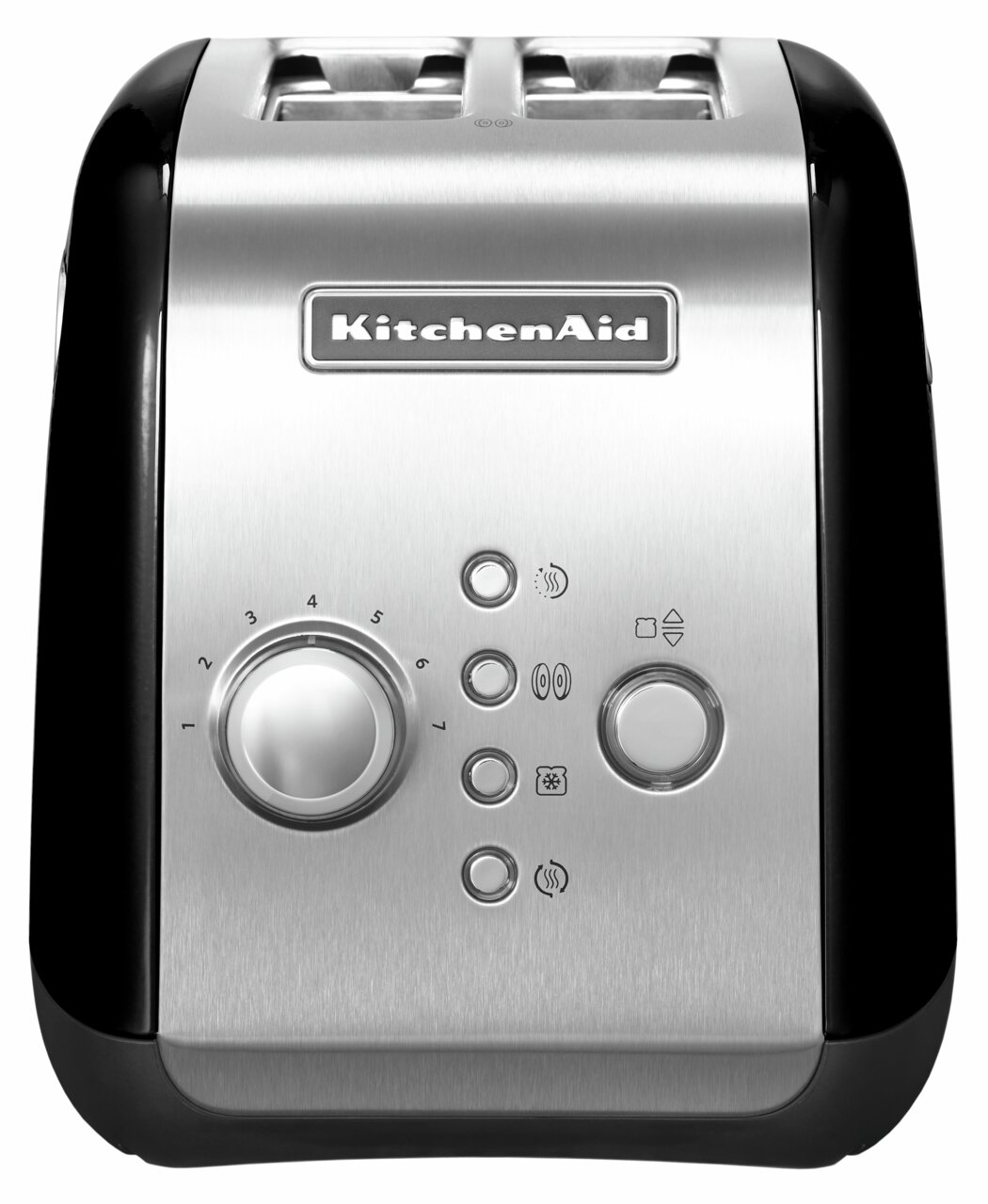 Vooraanzicht van een KitchenAid-broodrooster met twee sleuven in Onyx, voorzien van bedieningsknoppen en een roestvrijstalen oppervlak.