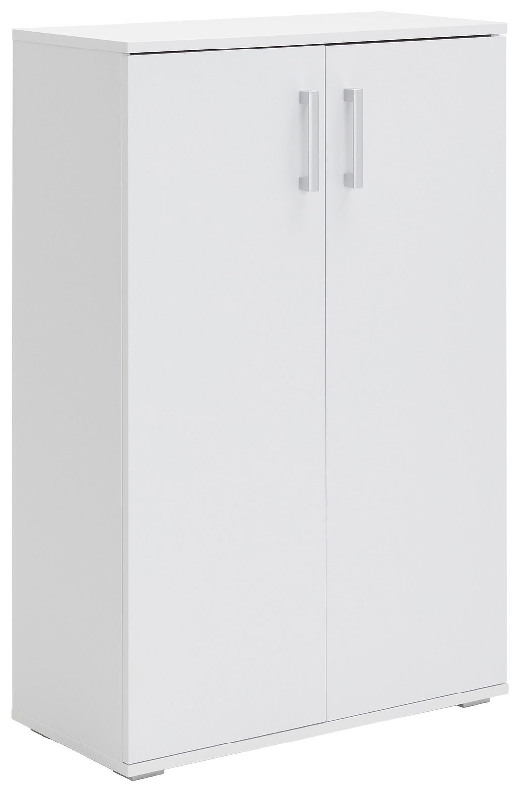 Weißer Schuhschrank mit zwei Türen und silbernen Griffen, seitliche Perspektive