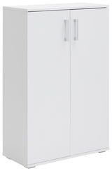 Weißer Schuhschrank mit zwei Türen und silbernen Griffen, seitliche Perspektive