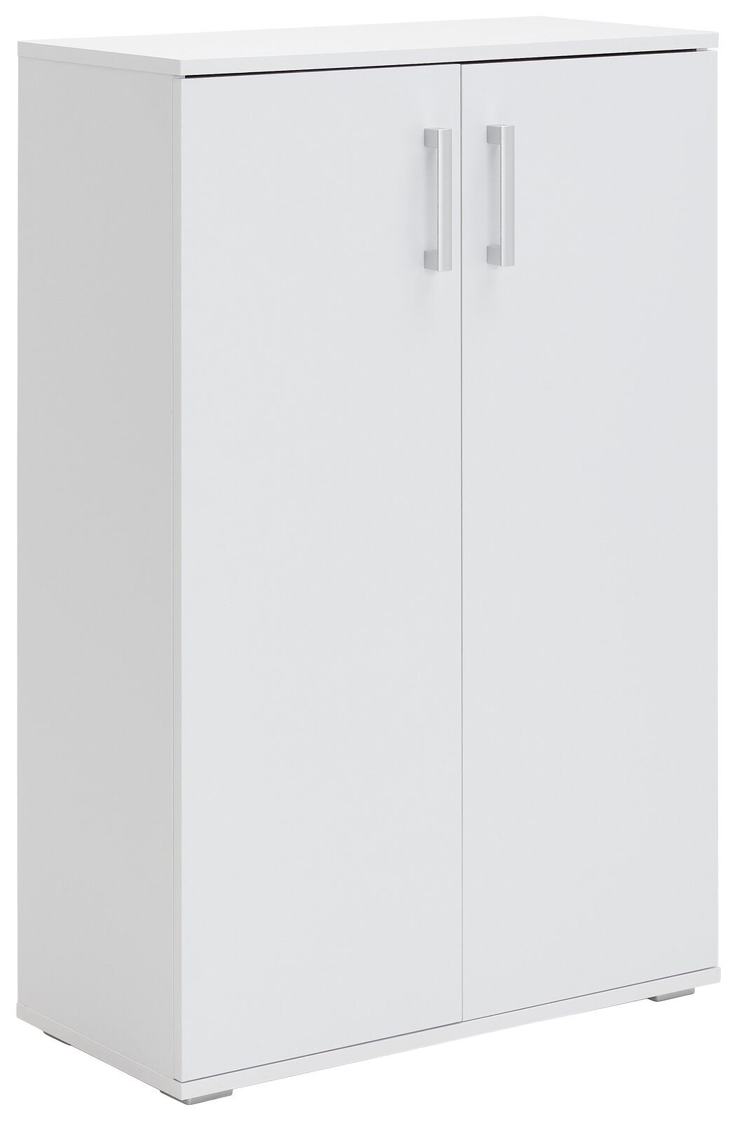 XORA Schuhschrank ALEX Weißer Schuhschrank mit zwei Türen und silbernen Griffen, seitliche Perspektive