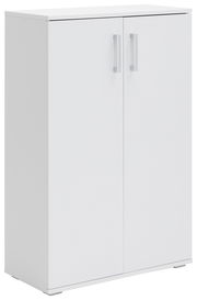 Weißer Schuhschrank mit zwei Türen und silbernen Griffen, seitliche Perspektive