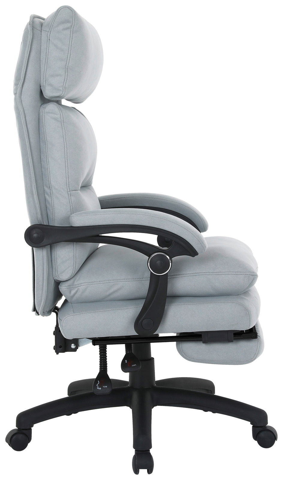 Seitliche Ansicht eines grauen Chefsessels mit gepolsterten Armlehnen und verstellbarer Rückenlehne.