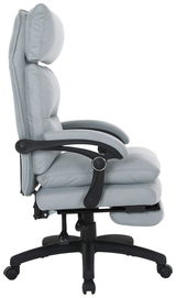 Seitliche Ansicht eines grauen Chefsessels mit gepolsterten Armlehnen und verstellbarer Rückenlehne.