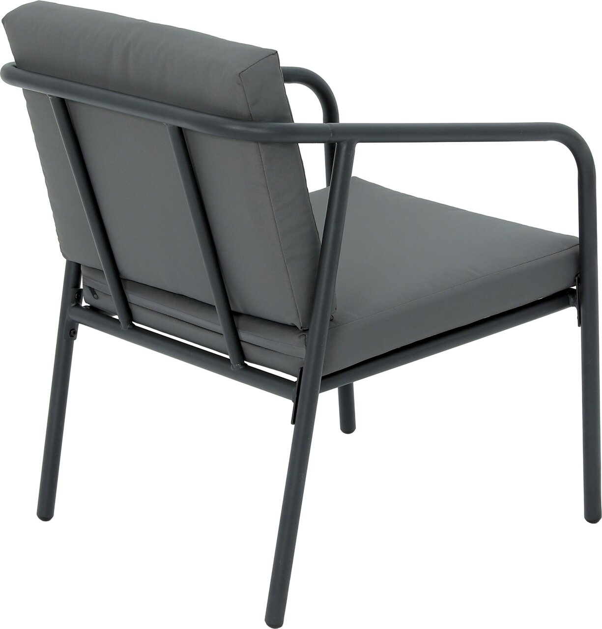 Rückansicht eines modernen Gartenstuhls mit grauem Metallrahmen und gepolstertem Sitz und Rückenlehne.