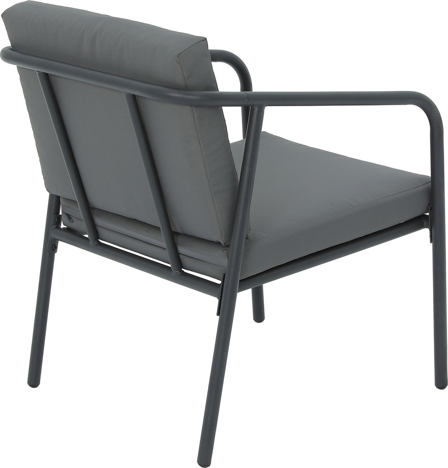 Rückansicht eines modernen Gartenstuhls mit grauem Metallrahmen und gepolstertem Sitz und Rückenlehne.