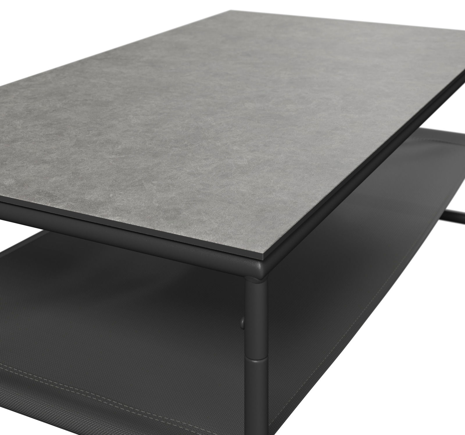 Moderner Gartentisch mit grauer Tischplatte und schwarzem Gestell, seitliche Perspektive