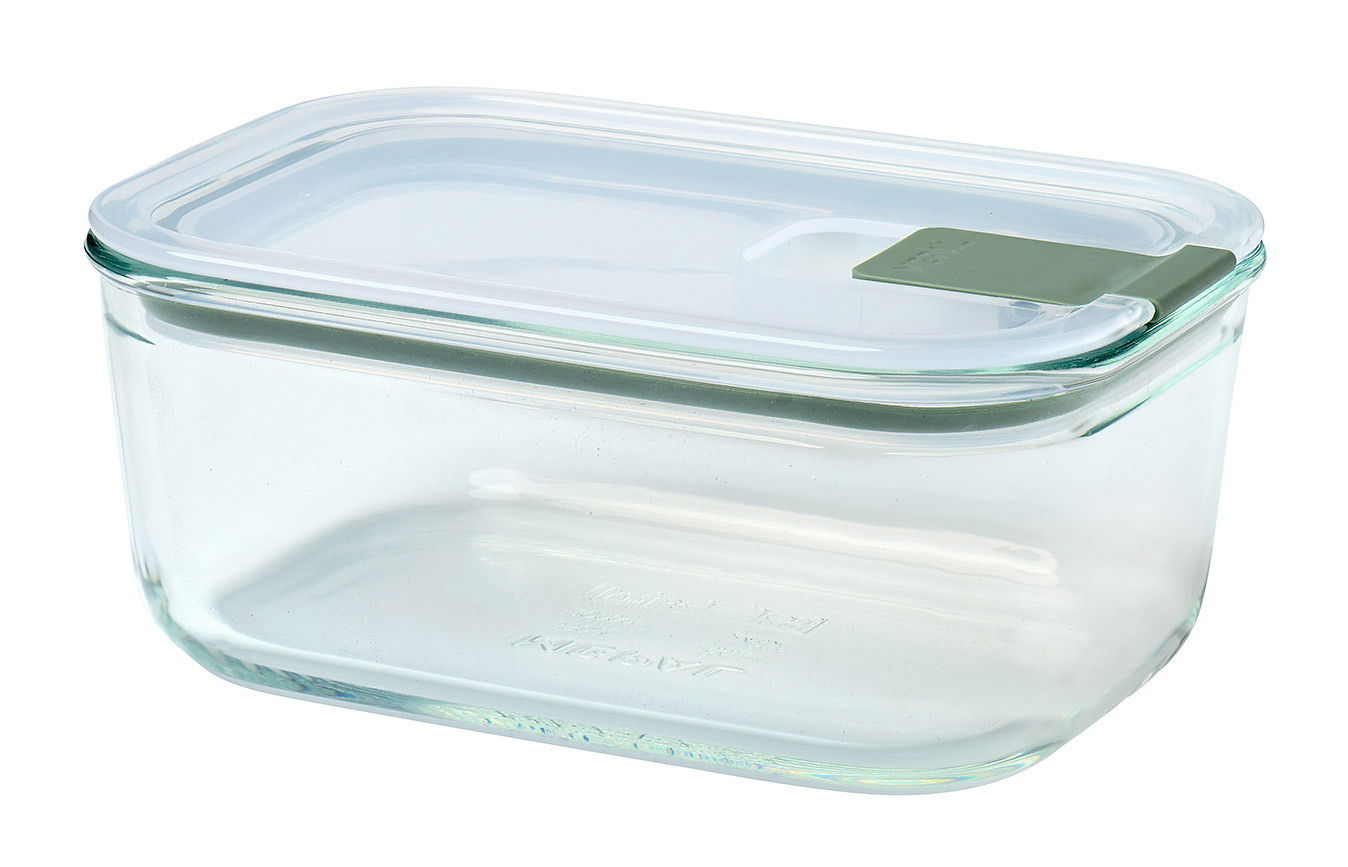Rechteckige Glas-Frischhaltedose mit grünem Clip-Verschluss, seitliche Perspektive