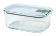Rechteckige Glas-Frischhaltedose mit grünem Clip-Verschluss, seitliche Perspektive