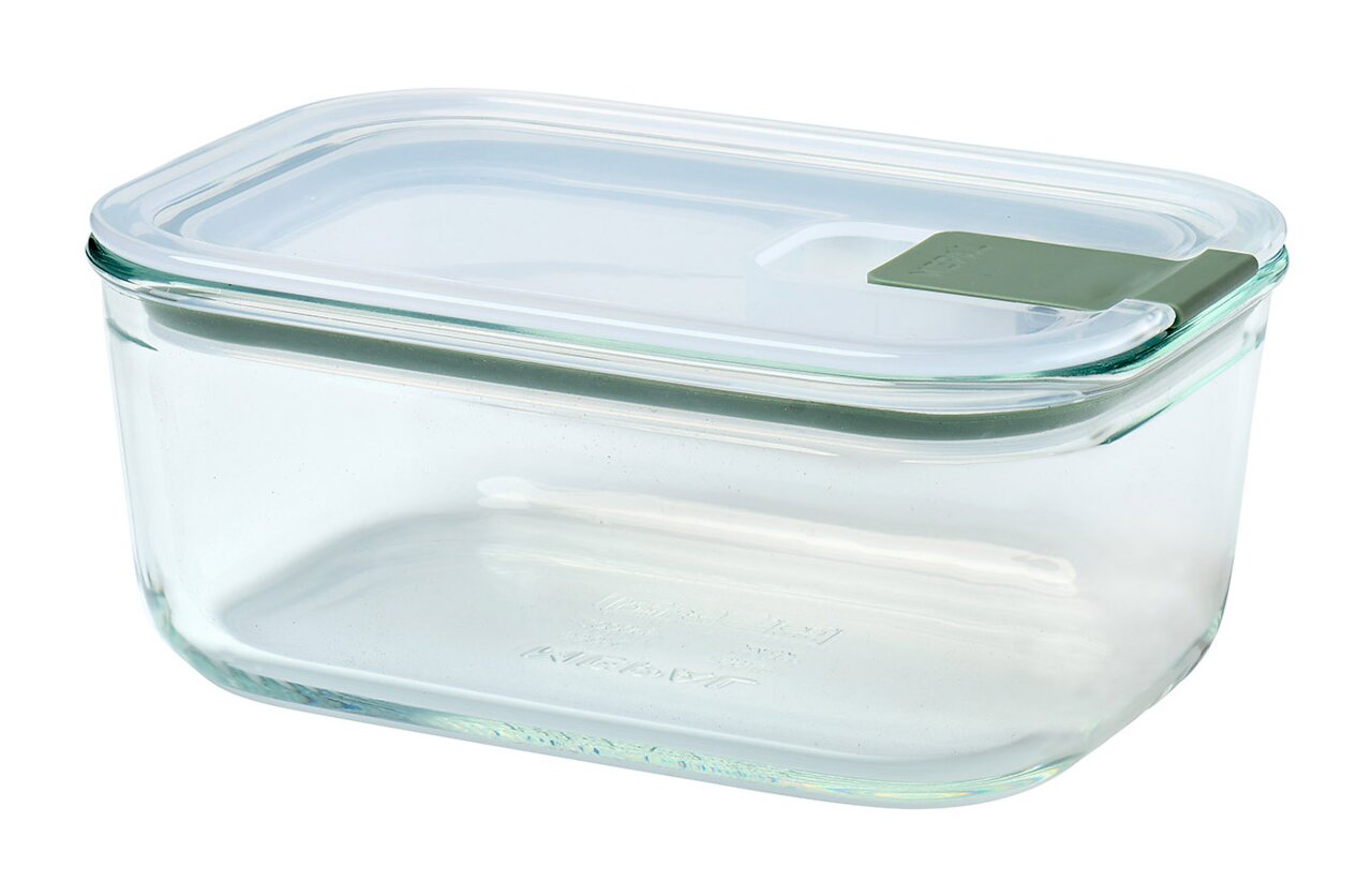 Rechteckige Glas-Frischhaltedose mit grünem Clip-Verschluss, seitliche Perspektive