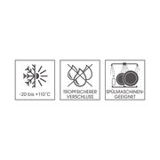 Symbole für Frischhaltedosen-Set: Temperaturbereich von -20 bis +110°C, tropfsicherer Verschluss, spülmaschinengeeignet. Frontalansicht.