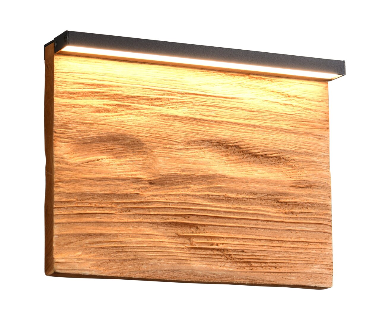Moderne Wandleuchte aus Holz mit LED-Lichtleiste, seitliche Perspektive