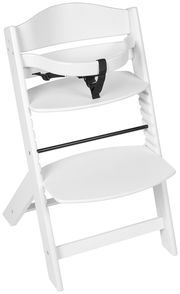 Weißer Hochstuhl aus seitlicher Perspektive mit Sicherheitsgurt